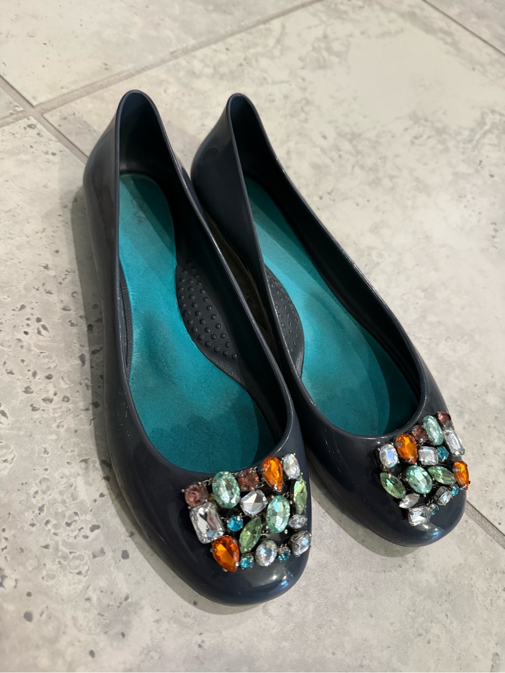 OKA b. Slate Patent Ballet Flats with Multicolor Jewel Cluster